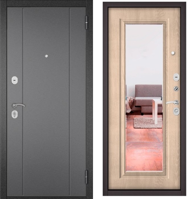 Входная дверь в квартиру с зеркалом HOME ECO металл RL-1 Букле графит, отделка 140 mirror (Дуб крем)