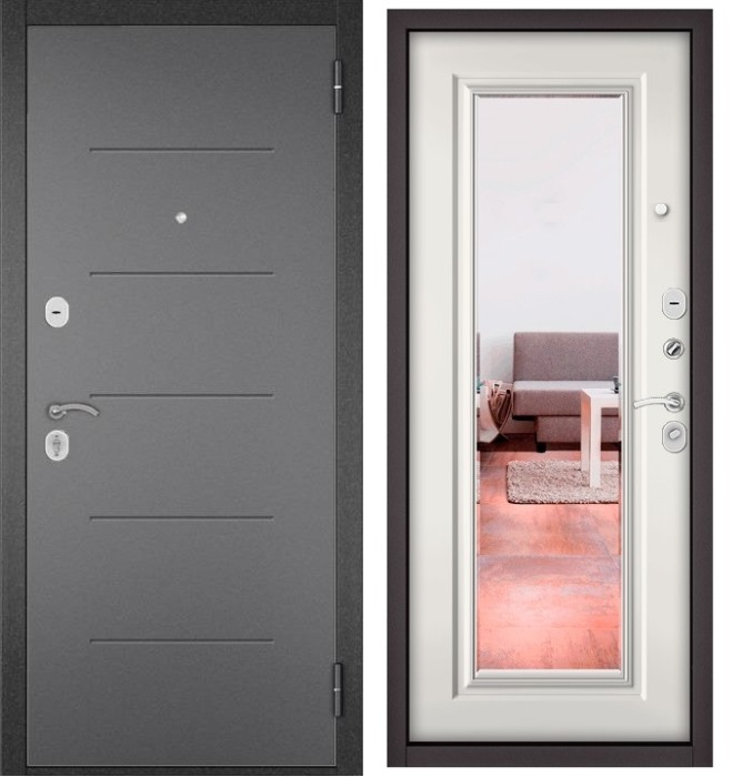 Входная дверь в квартиру с зеркалом TRUST ECO металл RL-3 Букле график, отделка 140 mirror (Белый софт)