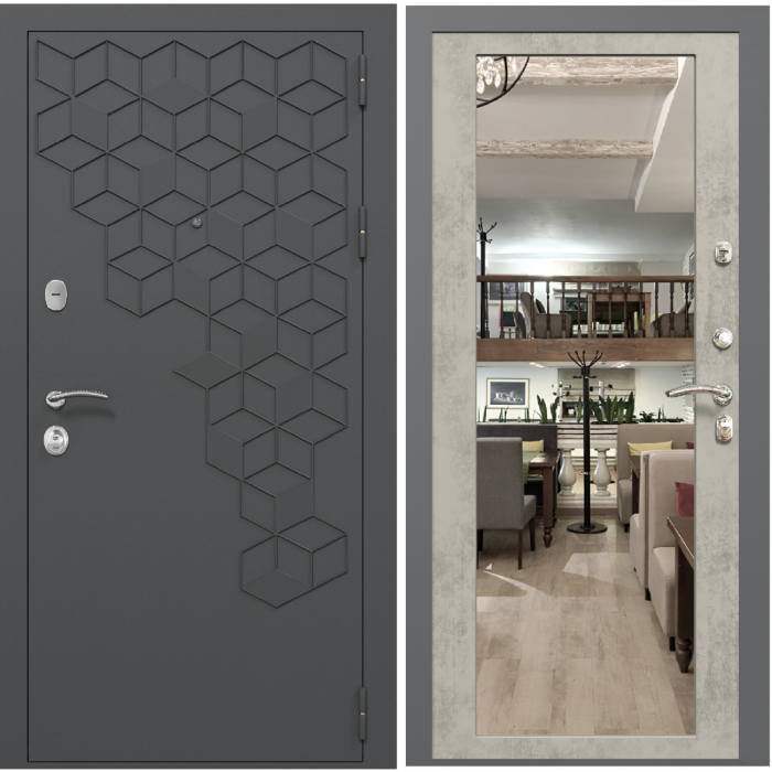 Входная дверь в квартиру с зеркалом Зелар Евро 2, RAL 7016 (штамп1) темно серый гексагон, бетон светлый ФЛЗ-70
