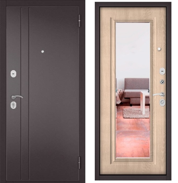 Входная дверь в квартиру с зеркалом TRUST ECO металл RL-2 Букле шоколад, отделка 140 mirror (Дуб крем)