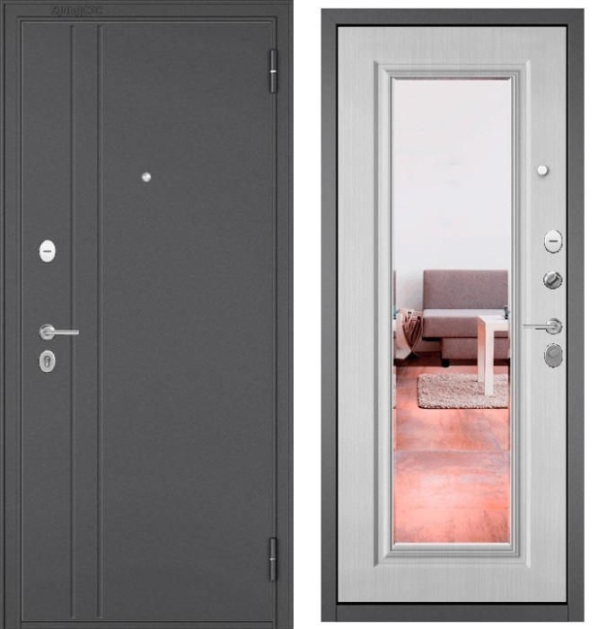 Входная дверь в квартиру с зеркалом FAMILY MASS металл RL-2 Букле графит, отделка МДФ 140 mirror (Ларче белый)