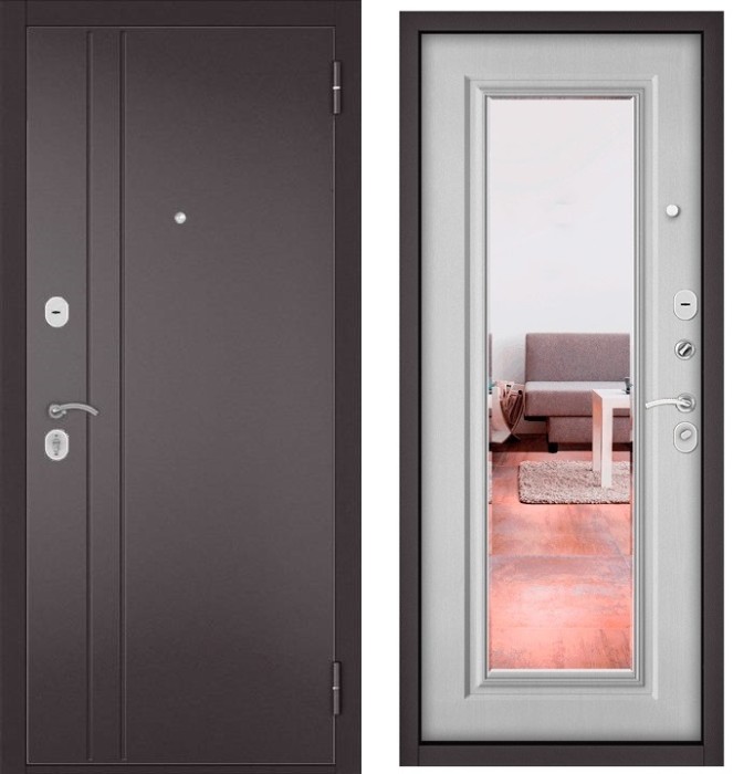 Входная дверь в квартиру с зеркалом TRUST ECO металл RL-2 Букле шоколад, отделка 140 mirror (Дуб белый матовый)