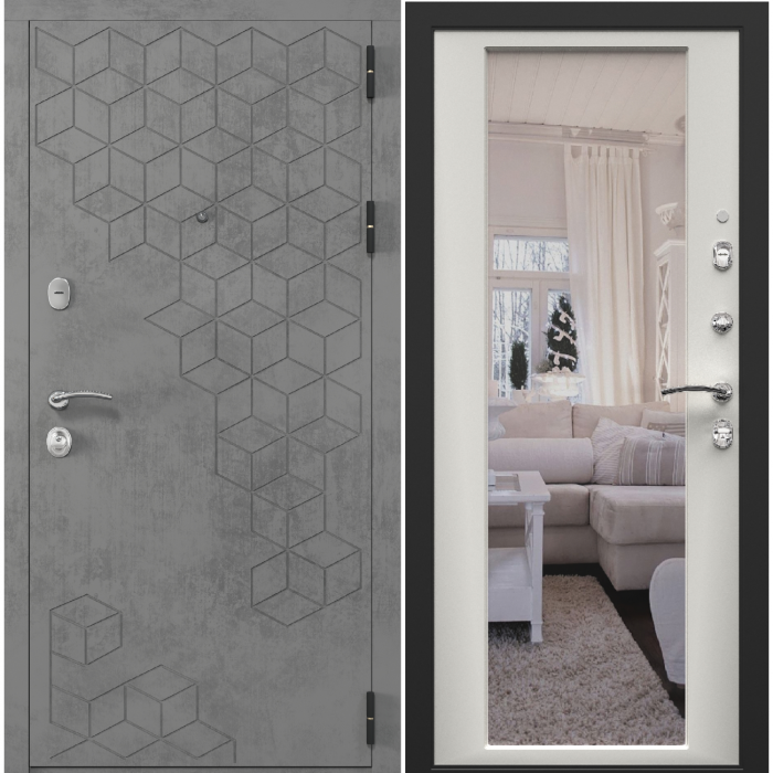 Входная дверь в квартиру с зеркалом Зелар Евро 3, бетон темный №154, белый матовый ФЛЗ-70