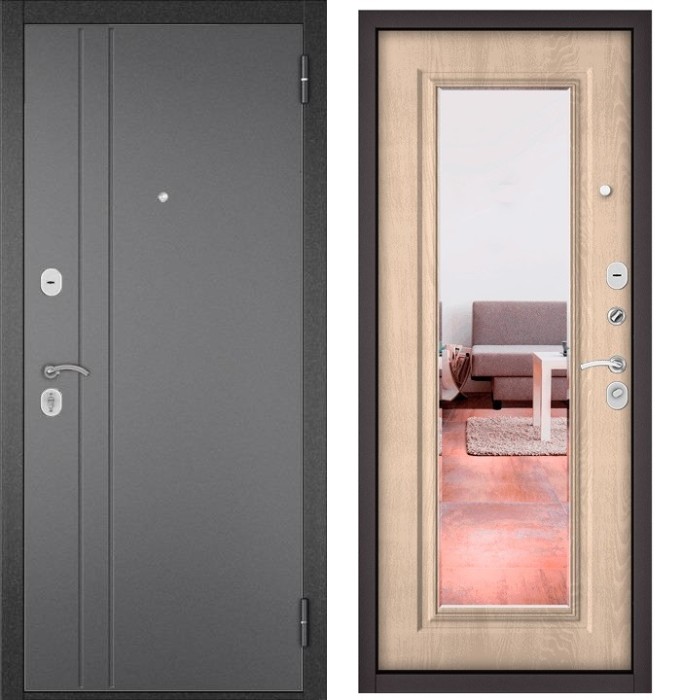 Входная дверь в квартиру с зеркалом TRUST ECO металл RL-2 Букле графит, отделка 140 mirror (Дуб крем)