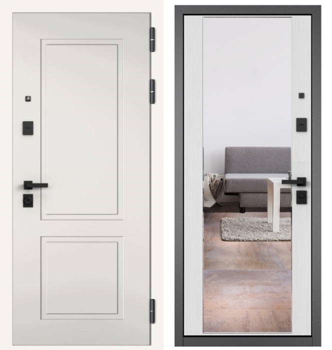 Входная дверь в квартиру с зеркалом CITY PRIME 1 CSmart Белый софт, МДФ отделка 164 CSmart (Ларче белый)