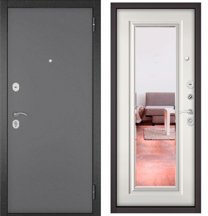 Входная дверь в квартиру с зеркалом HOME ECO металл 100 Букле графит, отделка 140 mirror (Белый софт)