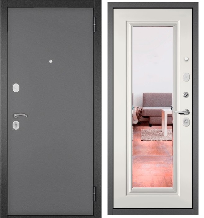 Входная дверь в квартиру с зеркалом TRUST ECO металл 100 Букле графит, отделка МДФ 140 (Белый софт)
