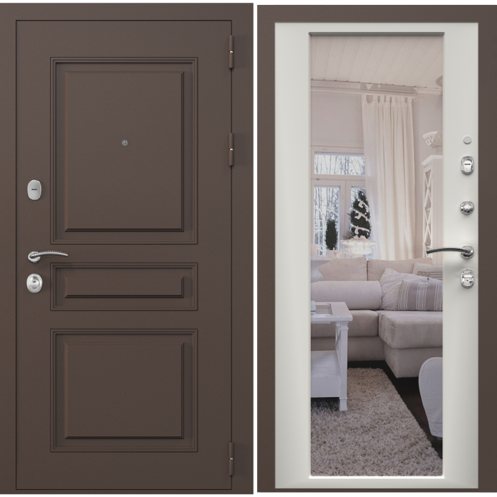 Входная дверь в квартиру с зеркалом Зелар Евро 2, RAL 8019(штамп 2) коричневый классика, белый матовый ФЛЗ-70