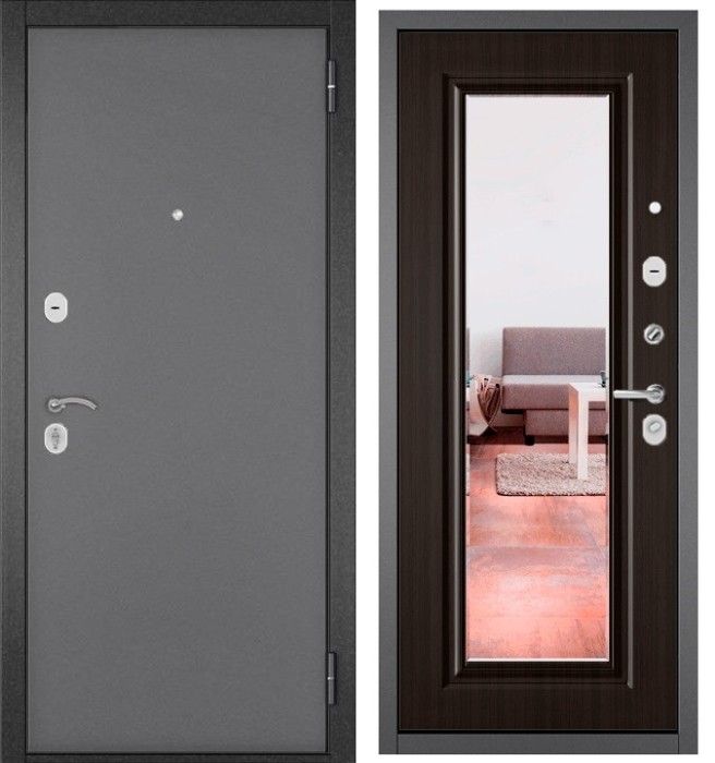 Входная дверь в квартиру с зеркалом TRUST ECO металл 100 Букле графит, отделка МДФ 140 (Ларче шоколад)