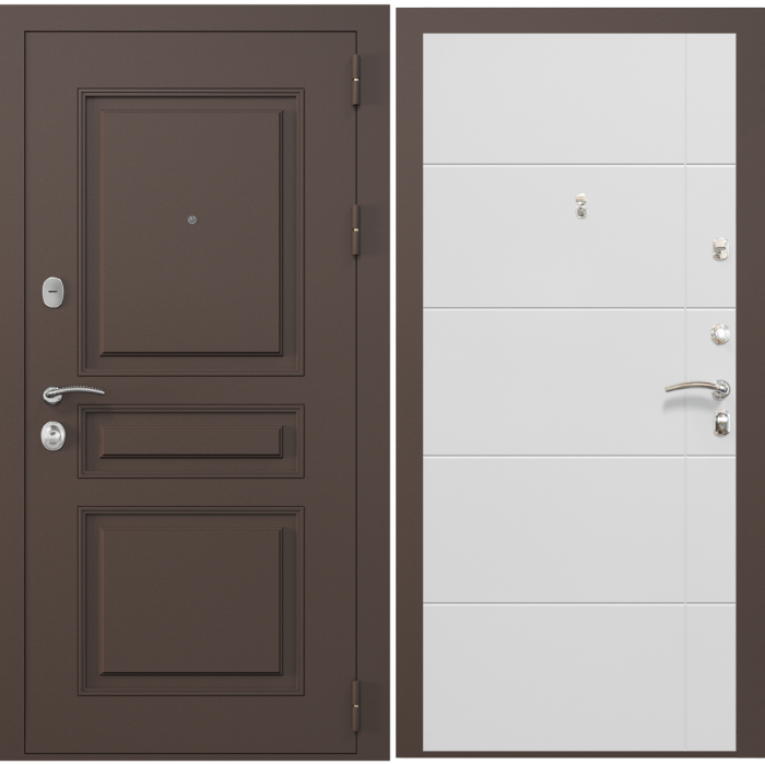 Входная дверь Зелар Евро 2, RAL 8019(штамп 2) коричневый классика, белый матовый №156