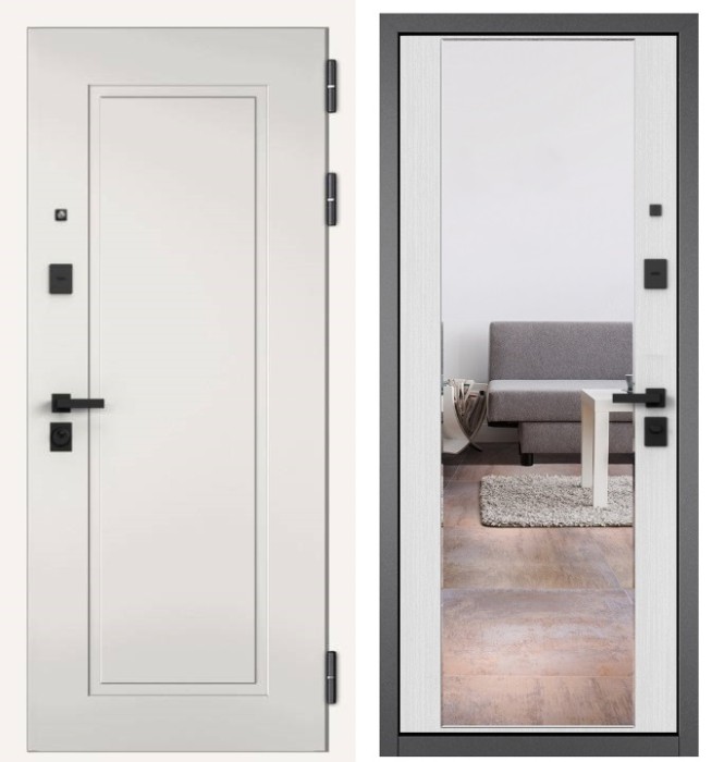 Входная дверь в квартиру с зеркалом CITY PRIME 0 CSmart Белый софт, МДФ отделка 164 CSmart (Ларче белый)