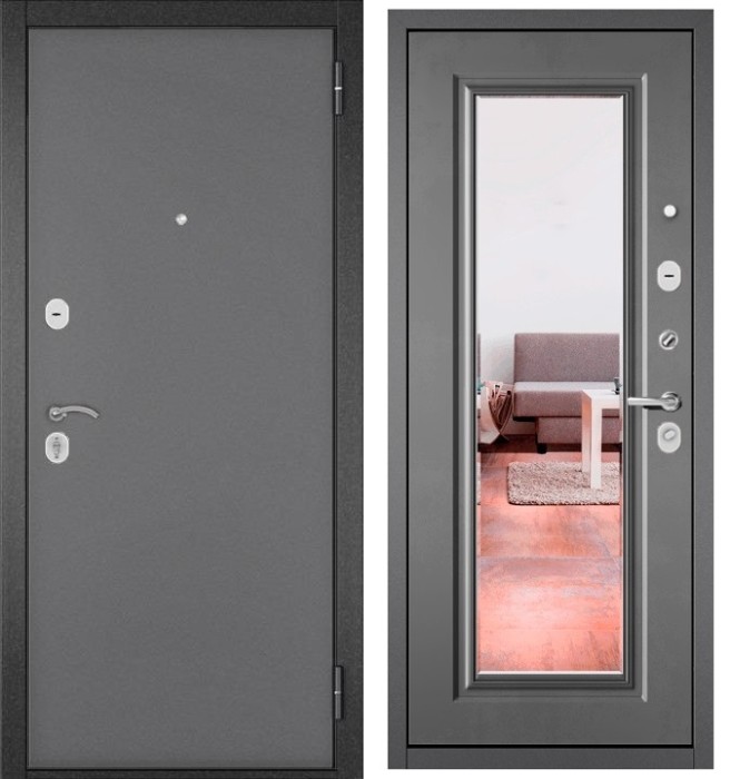 Входная дверь в квартиру с зеркалом TRUST ECO металл 100 Букле графит, отделка МДФ 140 (Бетон серый)