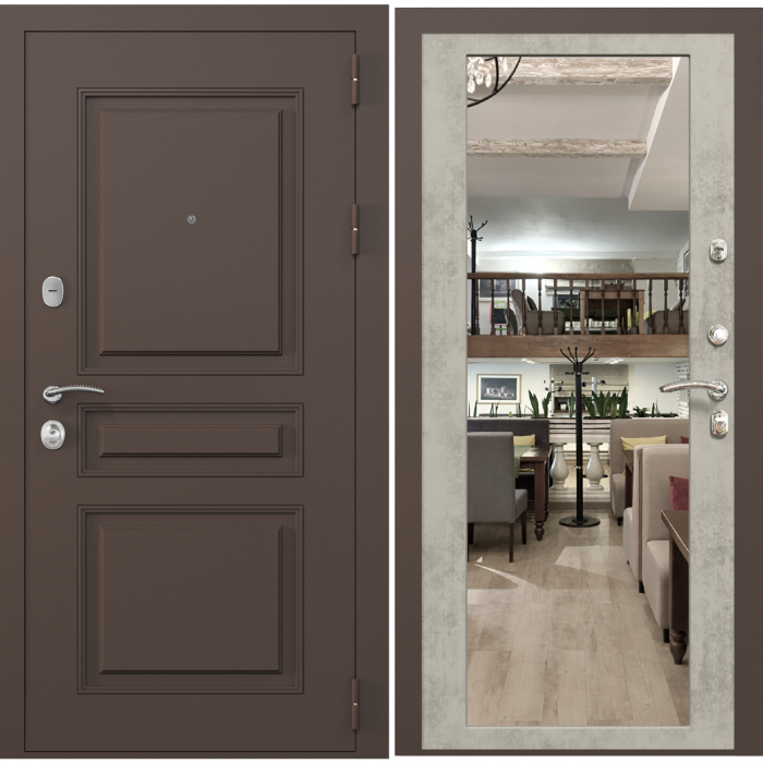 Входная дверь в квартиру с зеркалом Зелар Евро 2, RAL 8019(штамп 2) коричневый классика, бетон светлый ФЛЗ-70