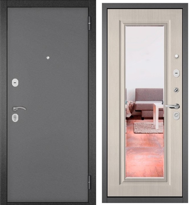 Входная дверь в квартиру с зеркалом TRUST ECO металл 100 Букле графит, отделка МДФ 140 (Ларче бьянко)