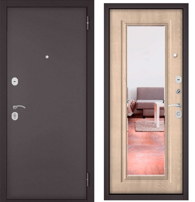 Входная дверь в квартиру с зеркалом HOME ECO металл 100 Букле шоколад, отделка 140 mirror (Дуб крем)