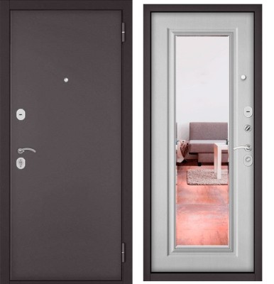 Входная дверь в квартиру с зеркалом TRUST ECO металл 100 Букле шоколад, отделка 140 mirror (Дуб белый матовый)
