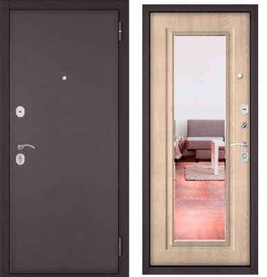 Входная дверь в квартиру с зеркалом TRUST ECO металл 100 Букле шоколад, отделка 140 mirror (Дуб крем)
