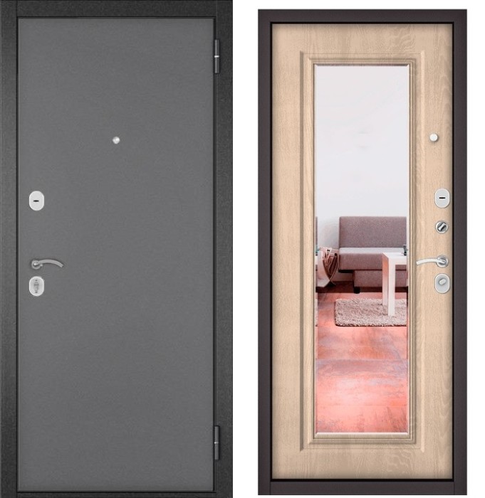 Входная дверь в квартиру с зеркалом TRUST ECO металл 100 Букле графит, отделка 140 mirror (Дуб крем)