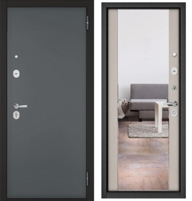 Входная дверь в квартиру с зеркалом TRUST ECO металл 100 Черный муар металлик, отделка МДФ 164 (Дуб шале белый)