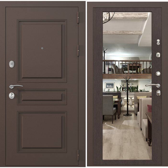 Входная дверь в квартиру с зеркалом Зелар Евро 2, RAL 8019(штамп 2) коричневый классика, венге тисненный ФЛЗ-70