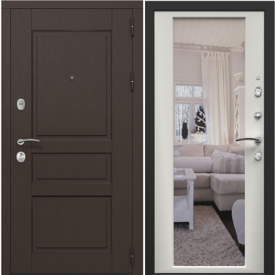 Входная дверь в квартиру с зеркалом Зелар Евро 3, венге тисненный №149, белый матовый ФЛЗ-70