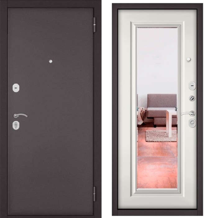 Входная дверь в квартиру с зеркалом HOME ECO металл 100 Букле шоколад, отделка 140 mirror (Белый софт)