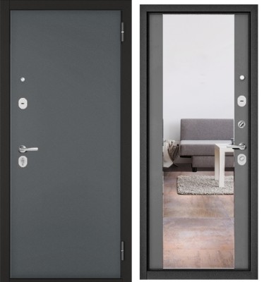 Входная дверь в квартиру с зеркалом TRUST ECO металл 100 Черный муар металлик, отделка МДФ 164 (Эмаль светло-серая)