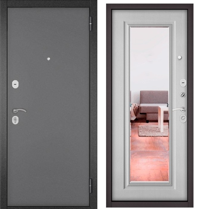 Входная дверь в квартиру с зеркалом TRUST ECO металл 100 Букле графит, отделка 140 mirror (Дуб белый матовый)