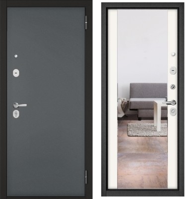 Входная дверь в квартиру с зеркалом TRUST ECO металл 100 Черный муар металлик, отделка МДФ 164 (Белый софт)