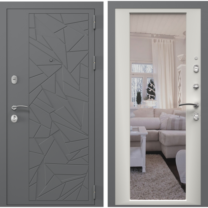 Входная дверь в квартиру с зеркалом Зелар Евро 2, RAL 7012   серые осколки, белый матовый ФЛЗ-70